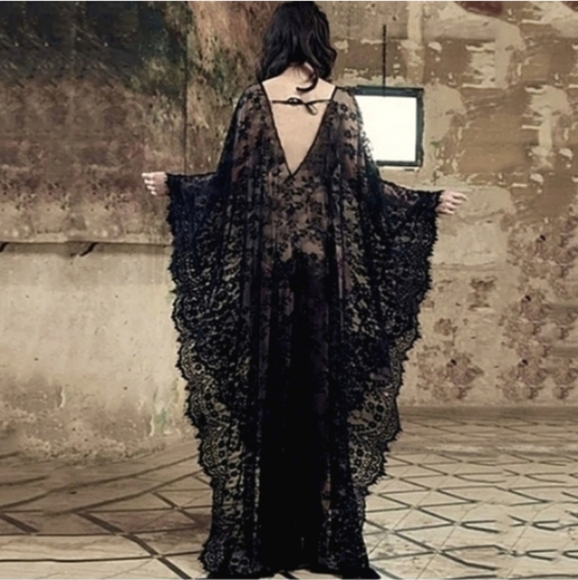 Sheer Sexy Black Lace Caftan Long Maxi Coverup Lingerie Dress Gothic Gown Kaftan - Picture 15 of 16